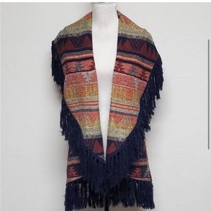 Anthropologie Entro Southwestern Boho Wool Blend Bold Fringe Blanket Vest Jacket